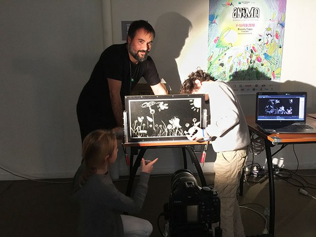 Alexander Noyer and young animators experiment with Alexander's portable pinscreen