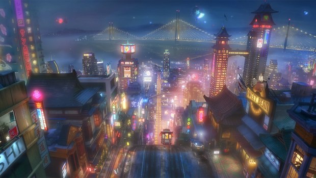 ‘Big Hero 6’s San Fransokyo at night.